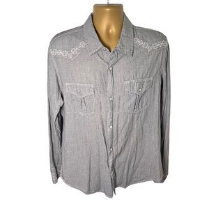 Y2K Pop Icon Clothing Western Snap Button Shirt Embroidered Gray XL